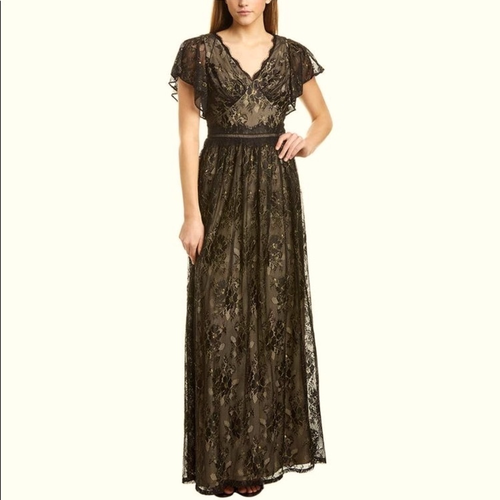Adrianna Papell Black & Metallic Long Flutter-sleeve Dress